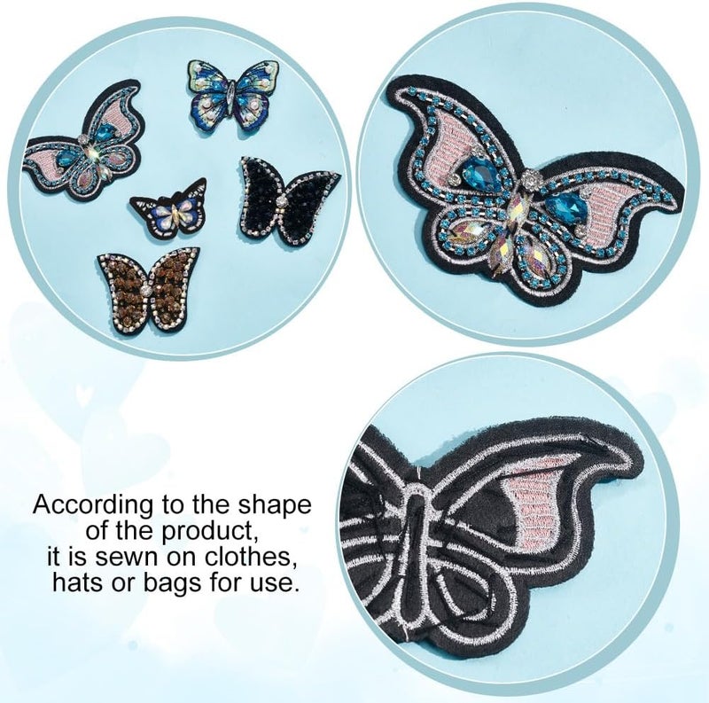 AHANDMAKER 5Pcs Rhinestone Butterfly Beaded Applique Patches, 5 Style Butterfly Sew On Rhinestone Beaded Patches Decorative Applique Patch for DIY Craft Party Dress Jeans Jackets Clothing Accessory - Image 4